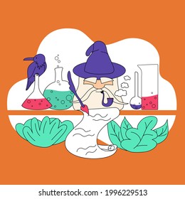 Magician in hat writing with pen, vector illustration. Concept for science, sign in or sign up form
