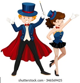 Magician and his assistant in blue outfit illustration