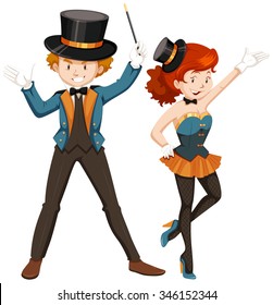 Magician and his assistant in costume illustration