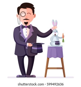 Magician holding trained rabbit with carrot and  magic hat. Retro style circus illusionist. Colorful vector illustration of circus performance magic show with flat cartoon characters.