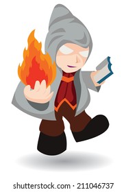 Magician in hood cast fire spell.holding a magic book. on white background