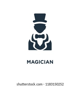 Magician icon. Black filled vector illustration. Magician symbol on white background. Can be used in web and mobile.