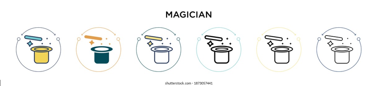 Magician icon in filled, thin line, outline and stroke style. Vector illustration of two colored and black magician vector icons designs can be used for mobile, ui, web