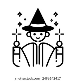 Magician icon or modern line symbol. Vector line art and icon design with bold outline. Black and white Pixel Perfect minimalistic symbol isolated white background. Silhouette simple thin sign