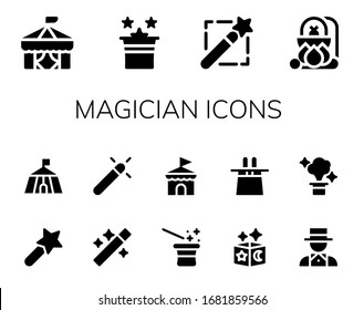 magician icon set. 14 filled magician icons.  Simple modern icons such as: Circus, Magic, Magic wand, Cauldron, Wand, Magician, Magic hat