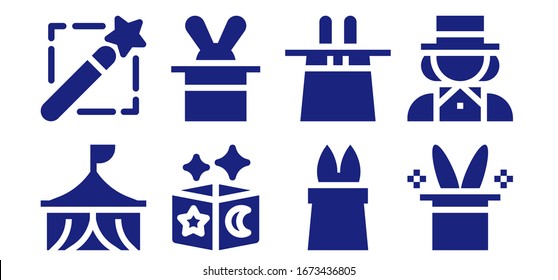 magician icon set. 8 filled magician icons.  Simple modern icons such as: Circus, Magic wand, Magic, Magician, Magic hat