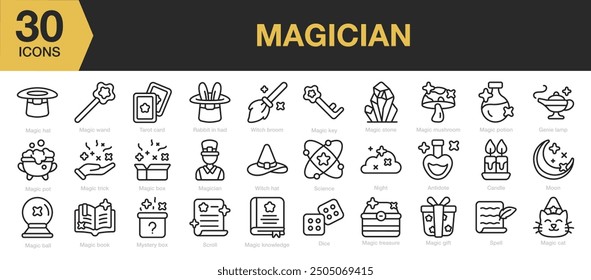 Magician icon set. Includes hat, spell, magician, tarot card, trick and More. Outline icons vector collection.