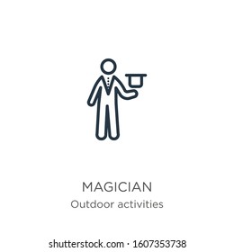 Magician icon. Thin linear magician outline icon isolated on white background from outdoor activities collection. Line vector sign, symbol for web and mobile