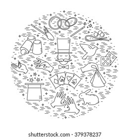 Magician icons arranged in a circle isolated on background.Vector illustration.