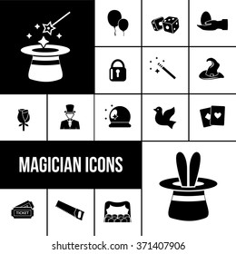 Magician icons black set with rabbit in hat magic wand and playing cards isolated vector illustration