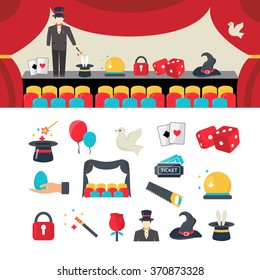 Magician Icons Flat Set With Magic Show Equipment Isolated Vector Illustration