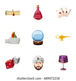 Magician icons set. Cartoon set of 9 magician vector icons for web isolated on white background