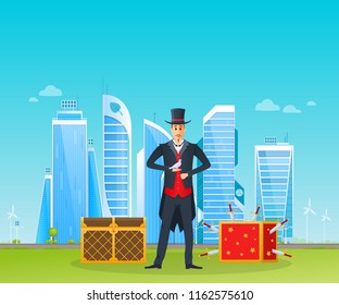 Magician, illusionist, with accessories for tricks, on background of modern city buildings, streets of an eco-friendly city, with skyscrapers and business centers. Illustration in cartoon style.