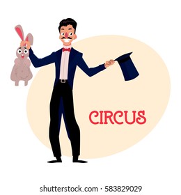 Magician, illusionist conjuring rabbit out of hat, artist performer, cartoon vector illustration with place for text. Magician in black suit with hat and rabbit, circus performance