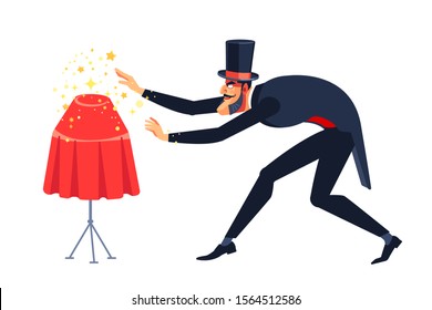 Magician or illusionist is showing magic trick. Cartoon style. Isolated on white background. Vector illustration