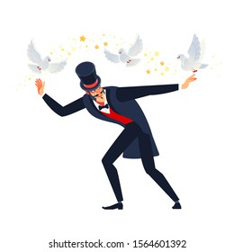 Magician or illusionist is showing magic trick with a three flying white Doves. Cartoon style. Isolated on white background. Vector illustration