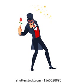 Magician or illusionist is showing magic trick with a red rose. Cartoon style. Isolated on white background. Vector illustration