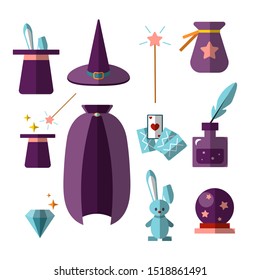 magician illusionist vector flat set with fabulous items - magic hat, rabbit, wand, cards, cristal ball and other magical elements for halloween, illusionist party