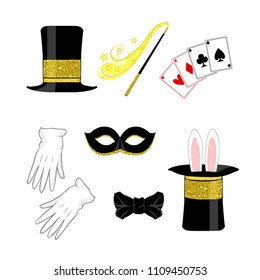 Magician isolated symbol set of wizard black cylinder hat, carnival mask, bow tie, Magic wand, four aces deck cards for playing. Flat vector Profession illusionist collection. International Circus Day