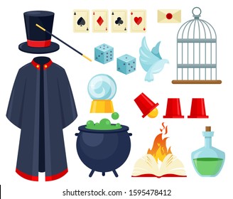 Magician items flat vector illustrations set. Illusionist mantle, cylinder hat and stick isolated pack. Mystery show, performance equipment. Magical ball, playing cards cartoon stickers collection.