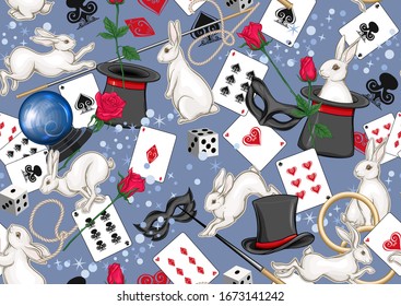 Magician items seamless pattern, background. Colored vector illustration on blue background..