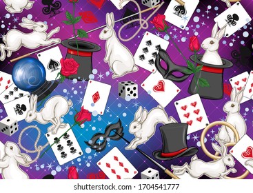 Artículos magos, patrón sin fisuras, fondo. Ilustración vectorial coloreada sobre fondo azul ultravioleta de malla.