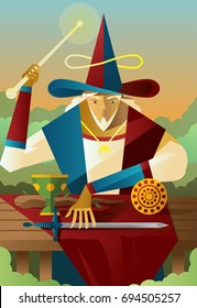 magician juggler with cup, wooden staff, sword and gold tarot card 