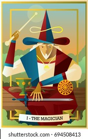 magician juggler with cup, wooden staff, sword and gold tarot card