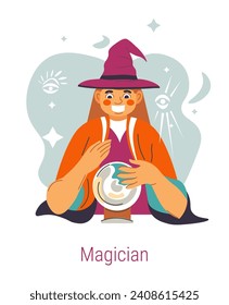 Magician Jungian archetype, isolated female character witch or wizard with magic ball. Psychology and traits of personality, self discovery and improvement of individuality. Vector in flat style