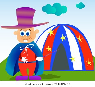 Magician kid standing in front of a tent and holding a wand.
