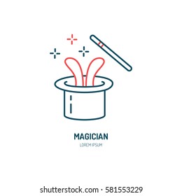 Magician line icon. Vector logo for illusionist, party service or event agency. Linear illustration of magic wand and rabbit in hat.