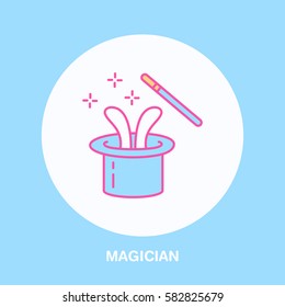 Magician line icon. Vector logo for illusionist, party service or event agency. Linear illustration of magic wand and rabbit in hat.