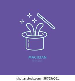 Magician line icon. Vector logo for illusionist, party service or event agency. Linear illustration of magic wand and rabbit in hat.