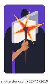 Magician with magic book and wand, magic card. Wizard and secret knowledge. Mystery, sorcery, esoteric mysterious character in robe and spiritual prediction concept. Flat vector illustration