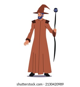 Magician with Magic Staff, Wizard or Sorcerer Character, Halloween Personage With Beard Wear Long Brown Robe and Hat Isolated on White Background. Cartoon People Vector Illustration