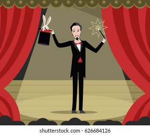 magician magic trick bunny rabbit with top hat on theater stage