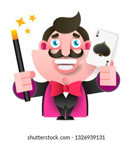Magician With Magic Wand And Card In Hand Vector Illustration On White Background