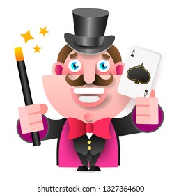Magician With Magic Wand And Card In Hand Vector Illustration On White Background