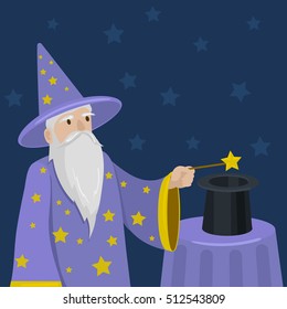 Magician with a magic wand and cylinder. Cartoon hand drawn colorful vector illustration