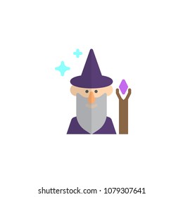 Magician with magic wand flat icon, vector sign, colorful pictogram isolated on white. Wizard with hat symbol, logo illustration. Flat style design