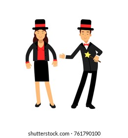 Magician with magic wand and his female assistant in elegant black suit and top hat, circus performers vector Illustration