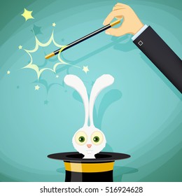 Magician with magic wand and a rabbit in a hat. Stock vector illustration.