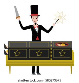 Magician With Magic Wand And Top Hat Cutting Magic Box Trick With Saw