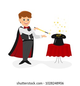 Magician with magic wand..Isolated on white background. Cartoon style. Vector illustration