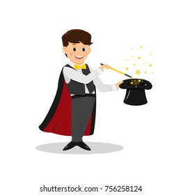 Magician with  magic wand..Isolated on white background. Cartoon style. Vector illustration