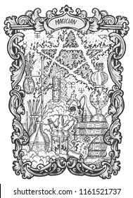 Magician. Major Arcana tarot card. The Magic Gate deck. Fantasy engraved vector illustration with occult mysterious symbols and esoteric concept