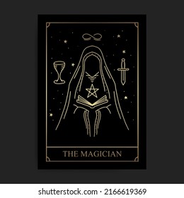 The magician major arcana tarot card with engraving, hand drawn, luxury, celestial, esoteric, fit for spiritualist, religious, paranormal, tarot reader, astrologer or tattoo