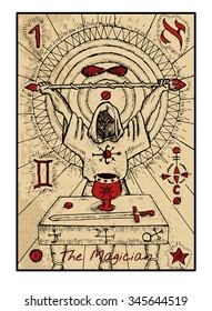 The magician. The major arcana tarot card in color, vintage hand drawn engraved illustration with mystic symbols. Man wearing mantle and holding magic wand. Sword, cup and coin on the table.