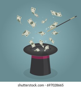 Magician makes a magic trick for making money flying out of the magic hat.Magic trick concept vector illustration.