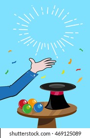 Magician makes a thing disappear in thin air. Editable Clip Art.